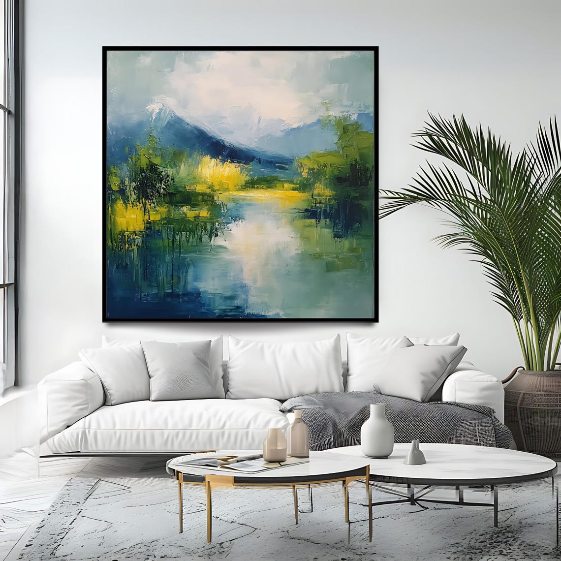 Mountain Landscape Wall Art Print Abstract Nature Artwork Square Scenic River Decor Modern Green And Blue Painting - Image 4