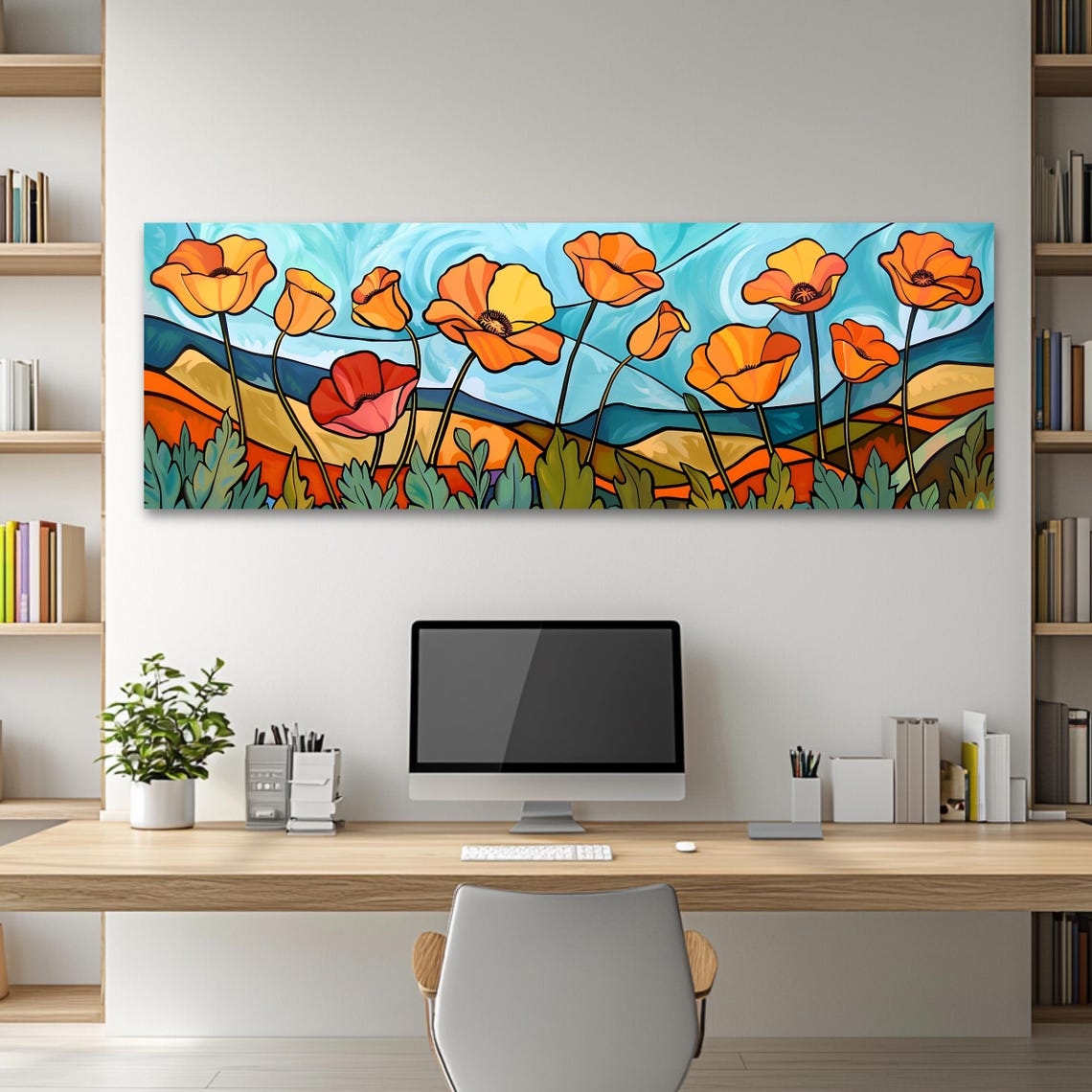 Orange Poppies Stained Glass Style Tall Stems Turquoise Sky Art Poster - Image 2