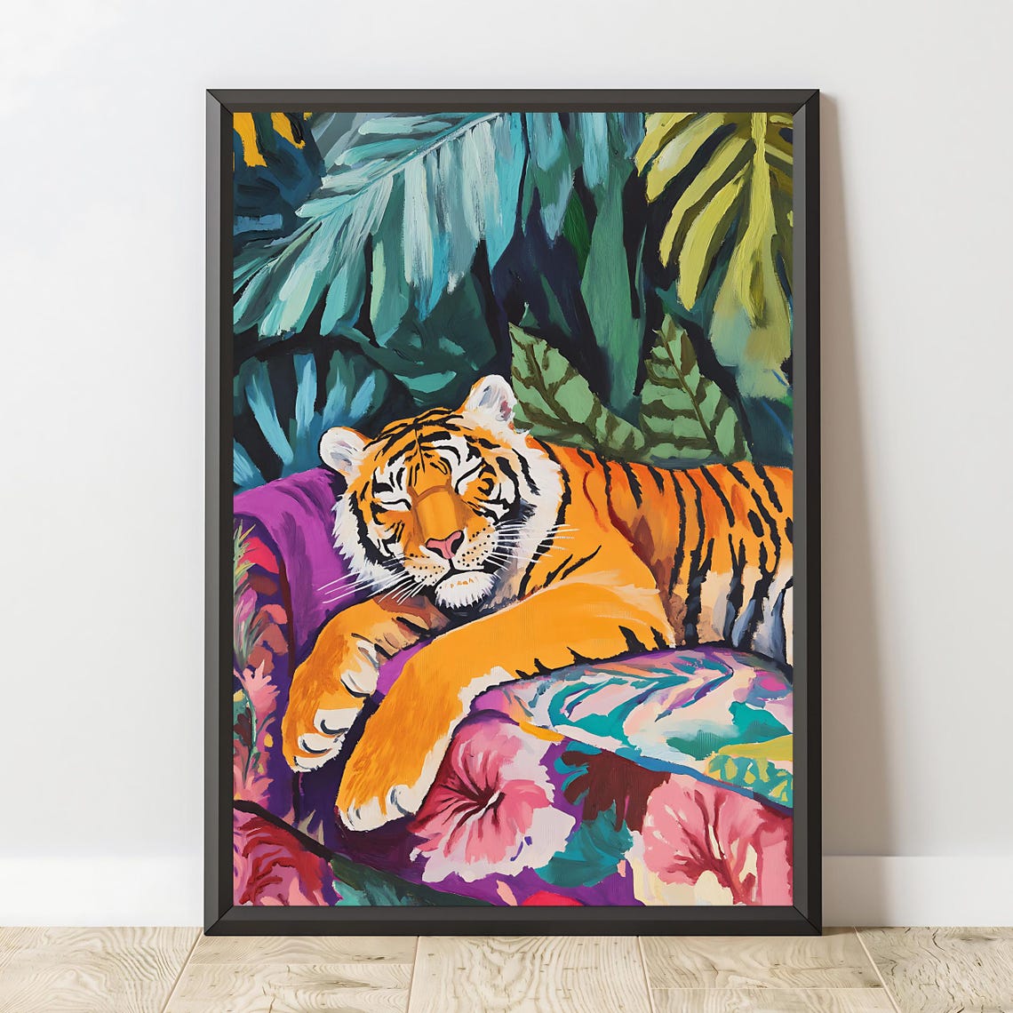Sleeping Tiger Jungle Leaves Vibrant Tropical Wildlife Art Poster - Image 2