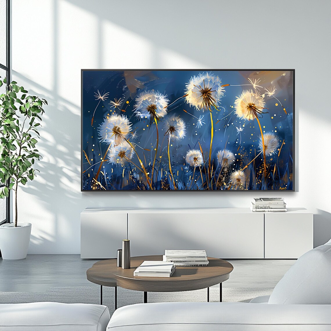 Dandelion Seed Heads Night Sky Golden Stars Botanical TV Art Poster - Image 4