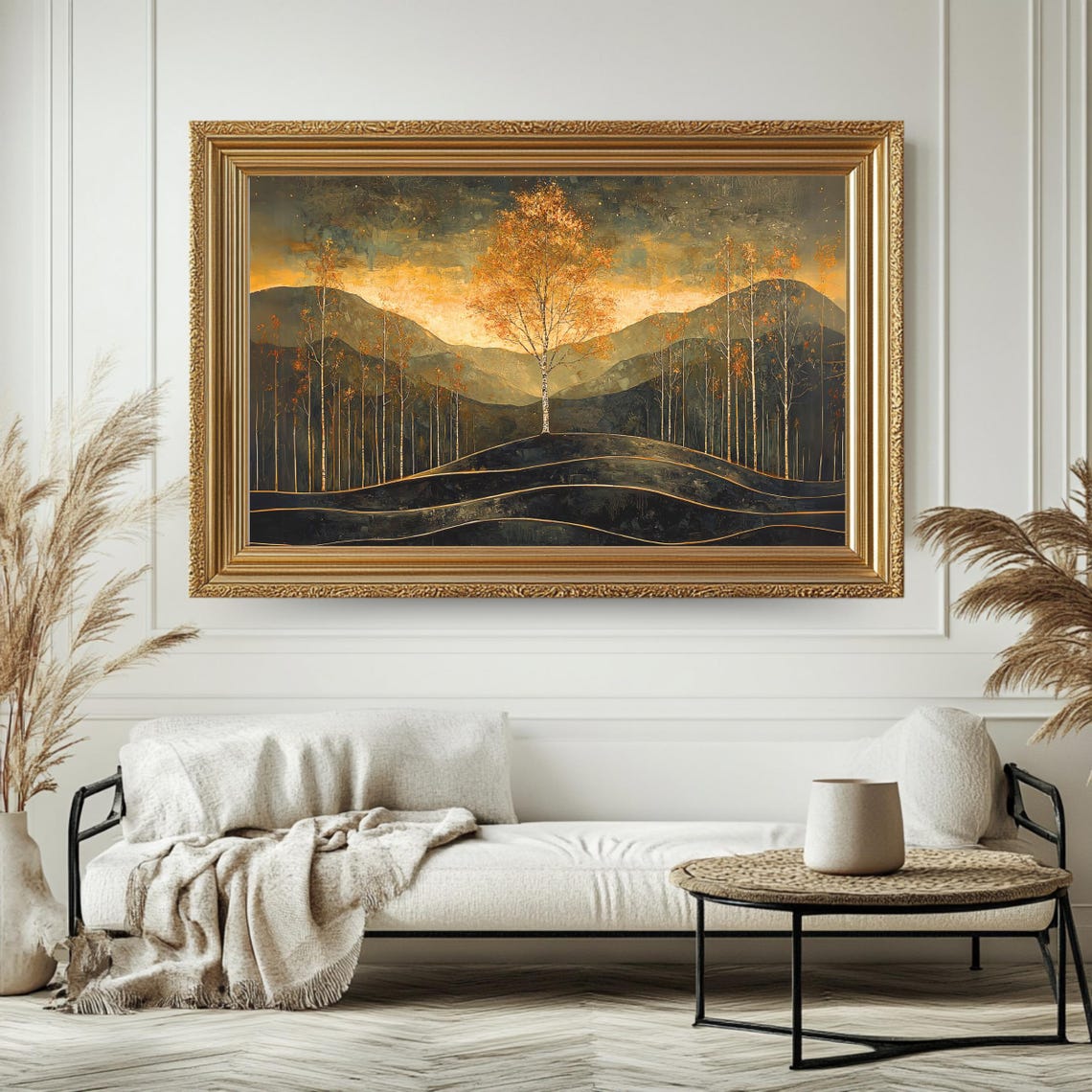 Golden Autumn Birch Trees Starry Dusk Mountain Landscape Art Poster - Image 4