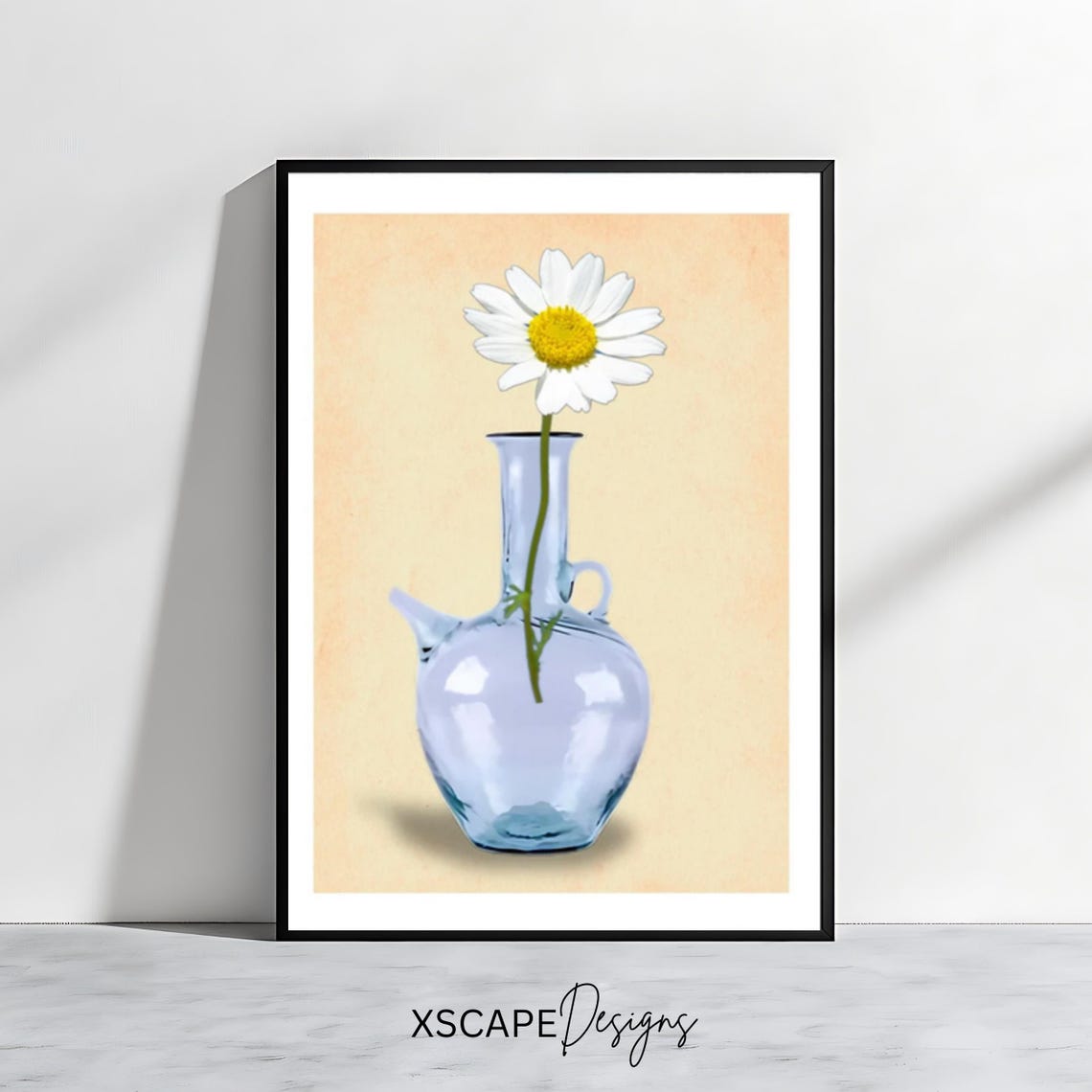 Blue Glass Water Jug Single Daisy Minimal Beige Floral Wall Art Poster