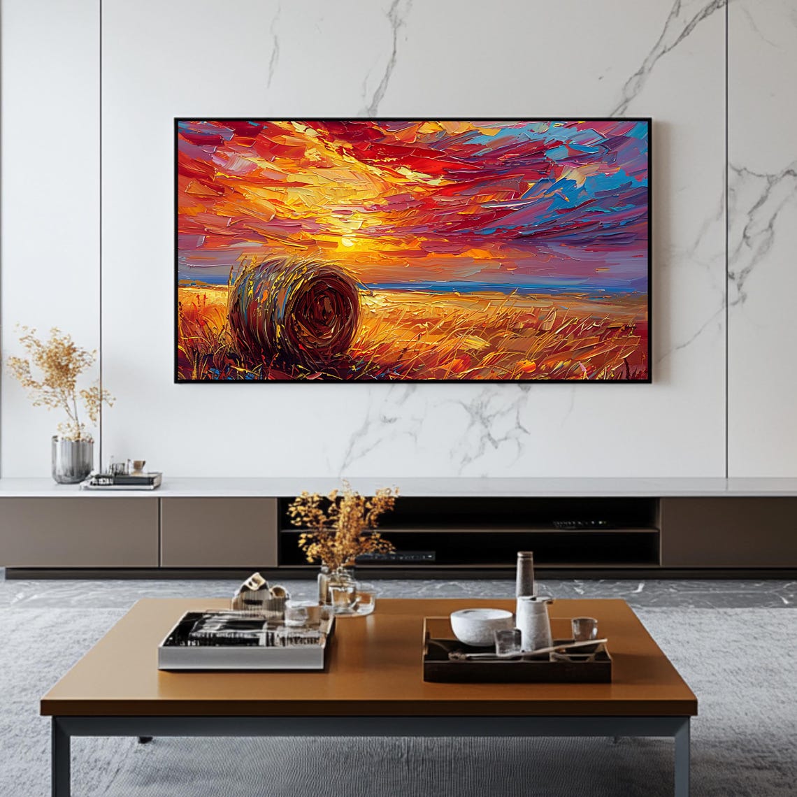 Hay Bale in a Golden Wheat Field at Vibrant Sunset Impasto Poster - Image 2