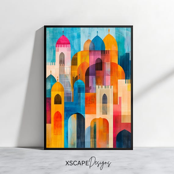 Abstract Islamic Mosque Minarets Art Print Colorful Architecture Wall Art Vibrant Islamic Decor