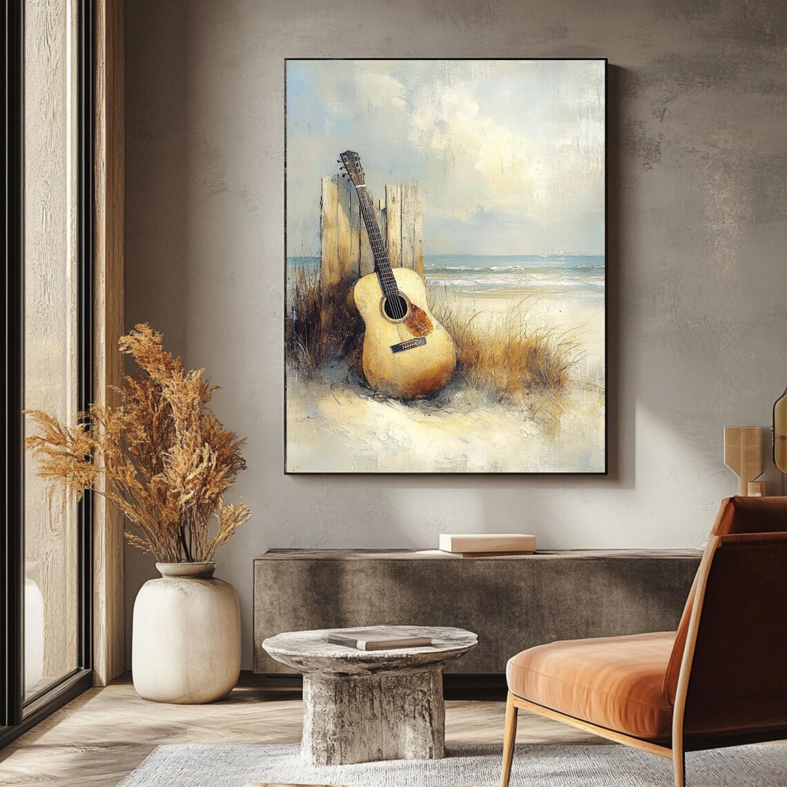 Vintage Beach Guitar Coastal Acoustic Art Print - Image 3