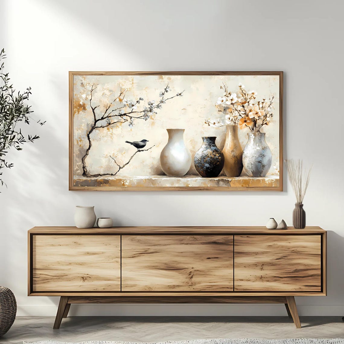 Elegant Ceramic Vases Cherry Blossom Bird Neutral Still Life Poster - Image 3
