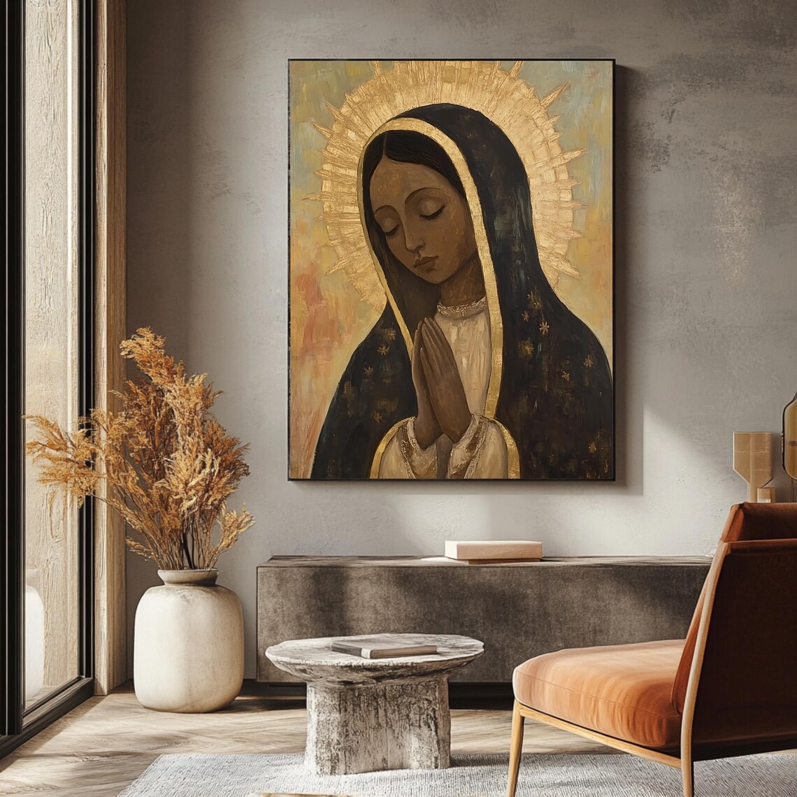 Our Lady of Guadalupe Dark Mantle Gold Halo Praying Catholic Wall Art - Image 3