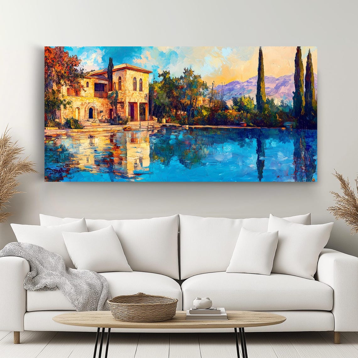 Mediterranean Villa Water Reflection Cypress Panoramic Travel Poster - Image 2