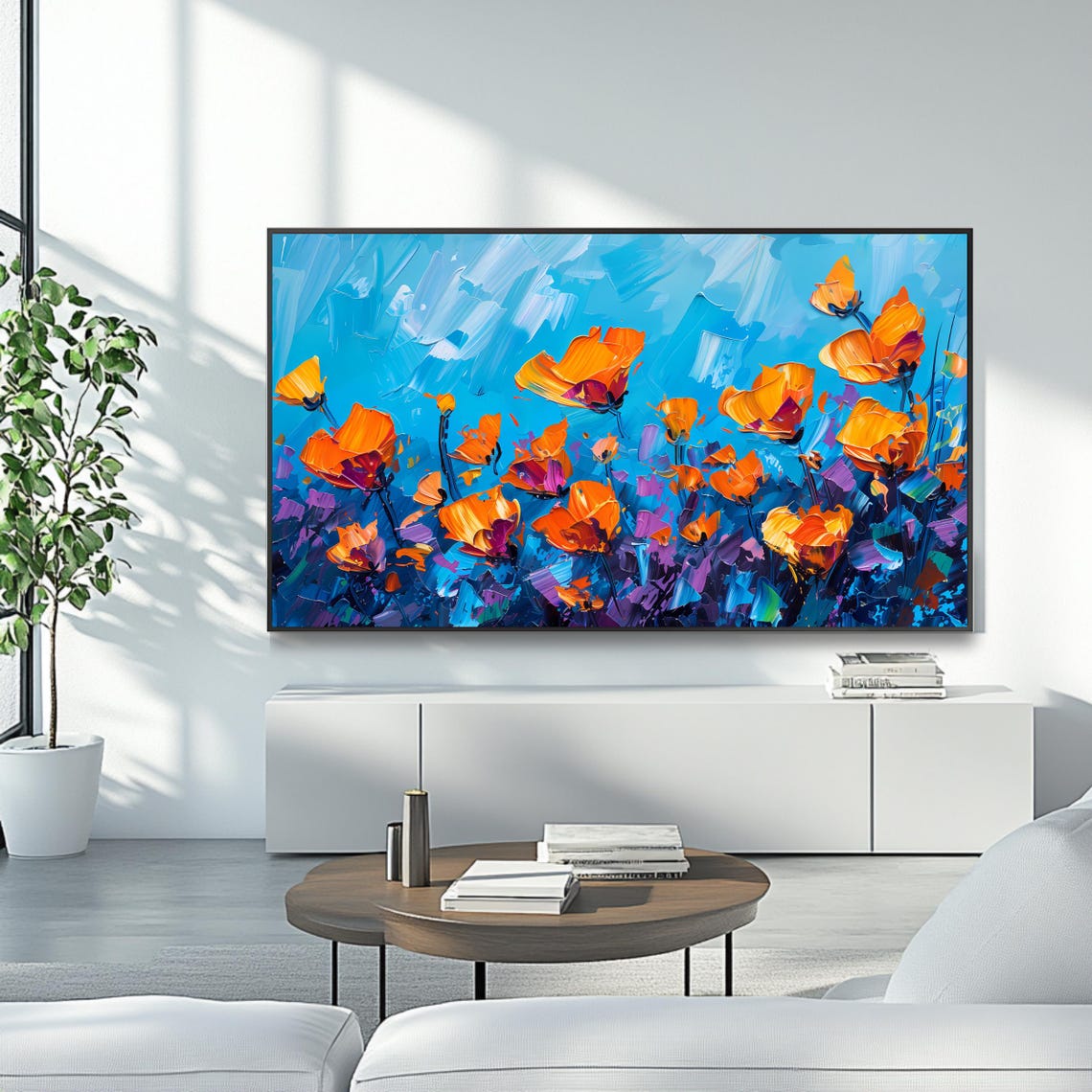 Orange Poppies Against a Bright Blue Sky Bold Impasto Floral Poster - Image 4