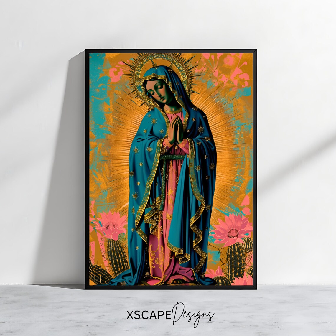 Our Lady Of Guadalupe Teal Robe Golden Halo Religious Art Poster