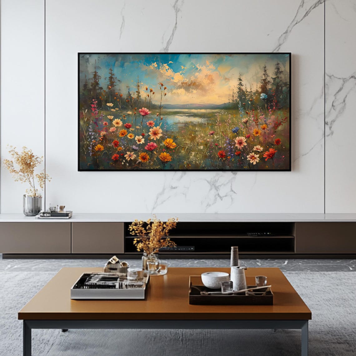 Lakeside Wildflower Meadow Sunset Nature Landscape Travel Poster - Image 2
