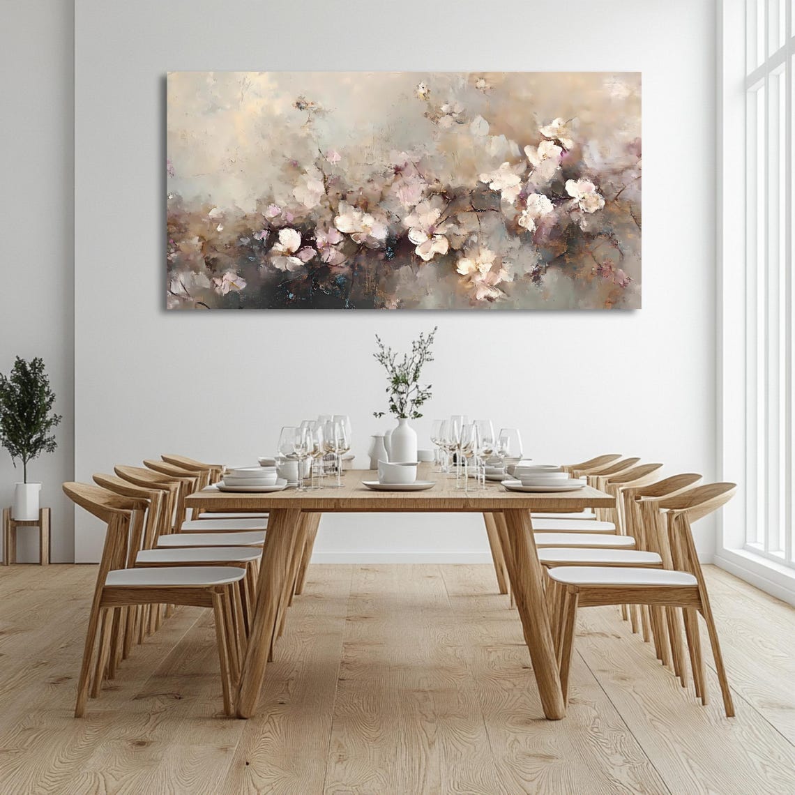 Neutral Cherry Blossom Branches Soft Beige Floral Painting Wall Art - Image 3
