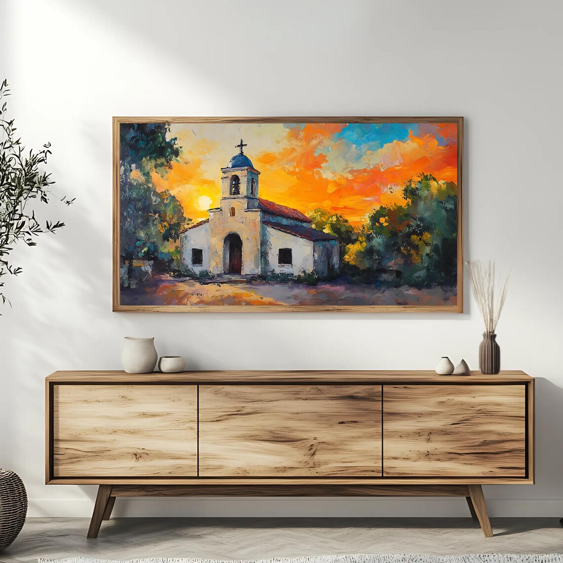 Church Sunset Painting, Rustic Chapel Wall Art - Image 3