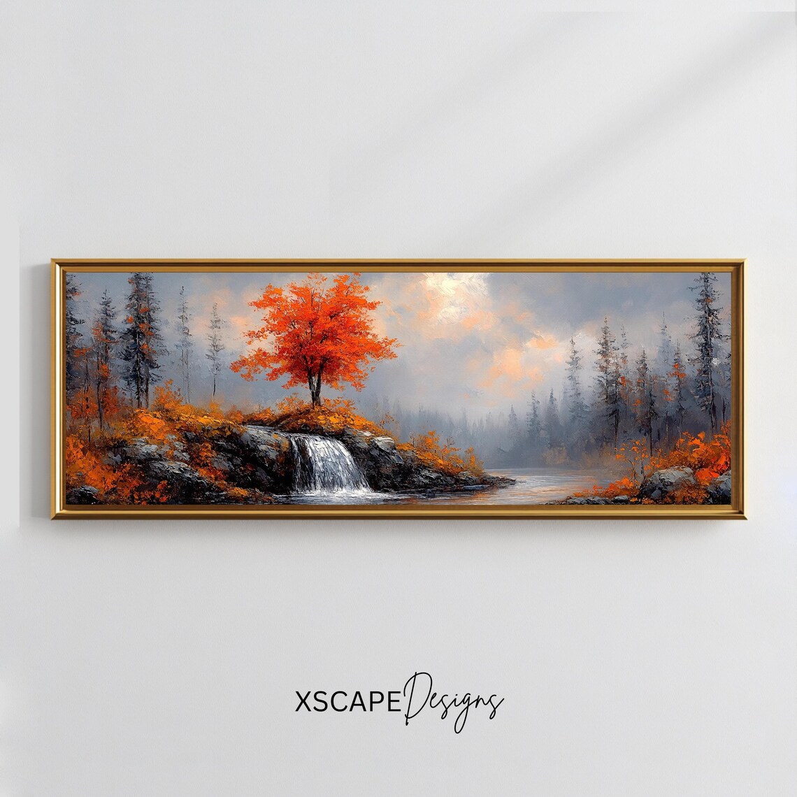Autumn Landscape Art Print, Fall Forest Waterfall