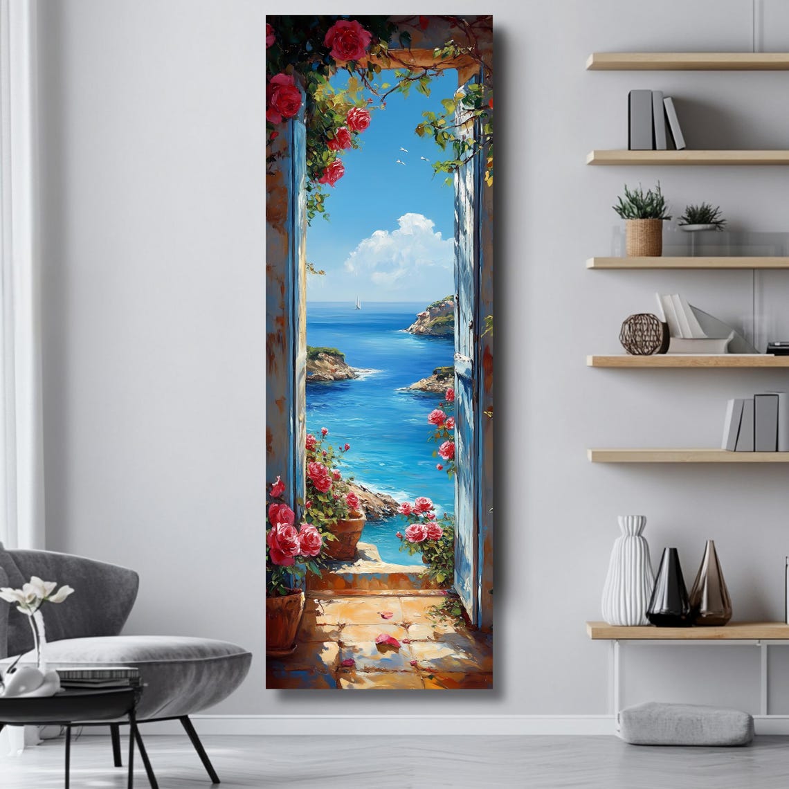 Mediterranean Window Ocean View Red Roses Vertical Coastal Poster - Image 4