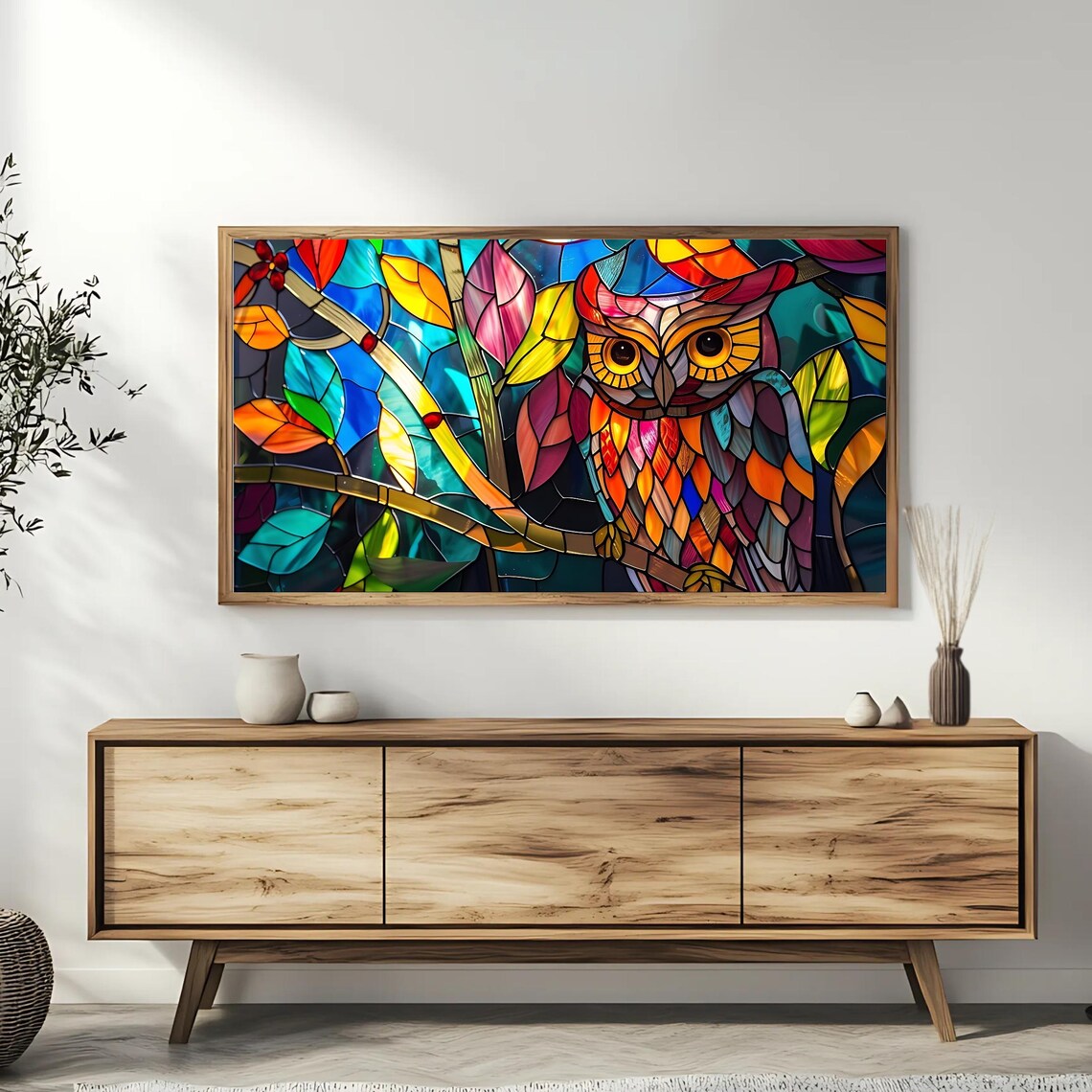 Stained Glass Owl Vibrant Colorful Mosaic Bird Painting Print - Image 3