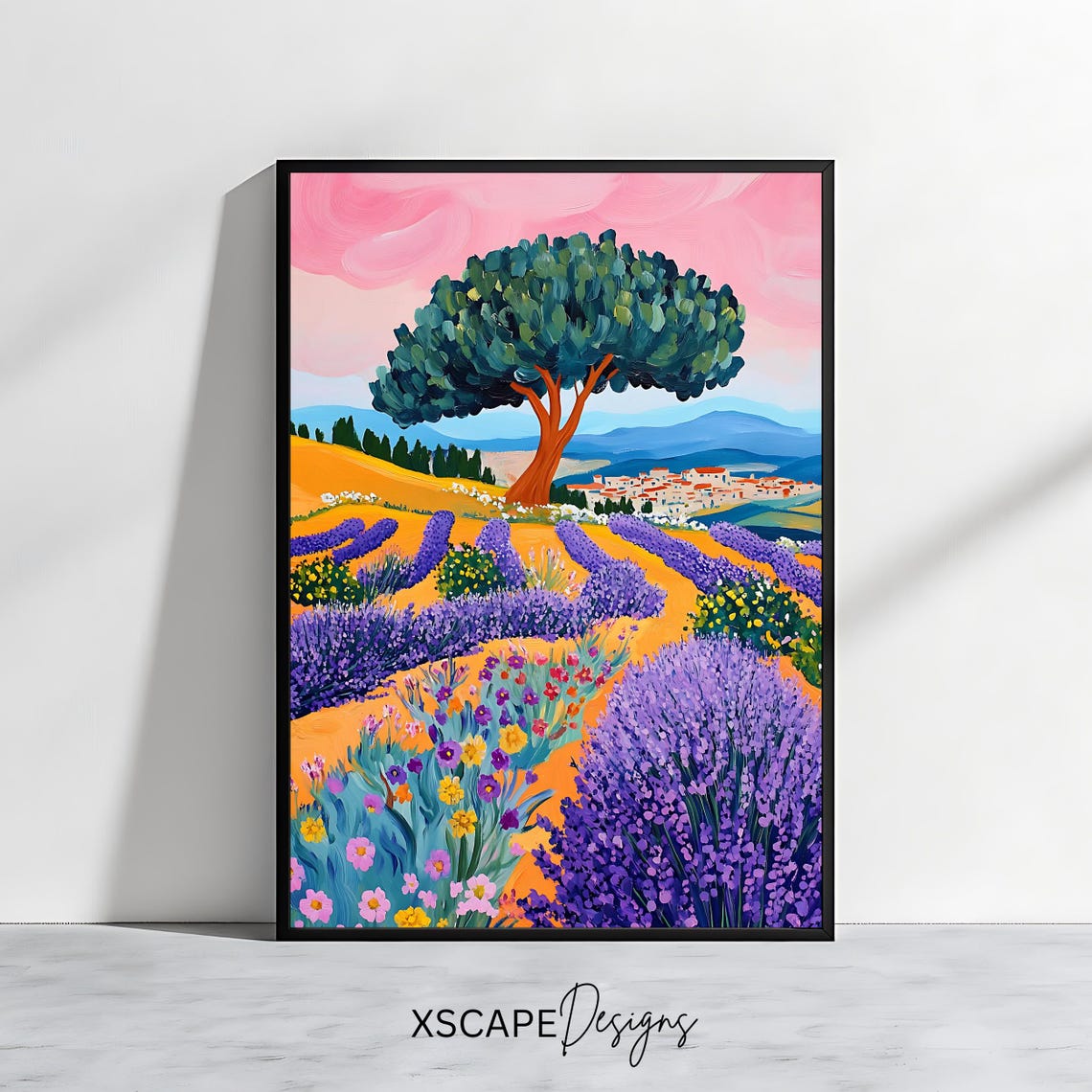 Provence Lavender Rows Wildflowers And Pine Tree Pink Sky Art Poster