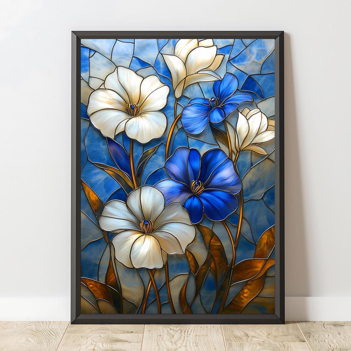 White Blue Floral Stained Glass Blooming Flowers Wall Art Decor Poster - Image 2