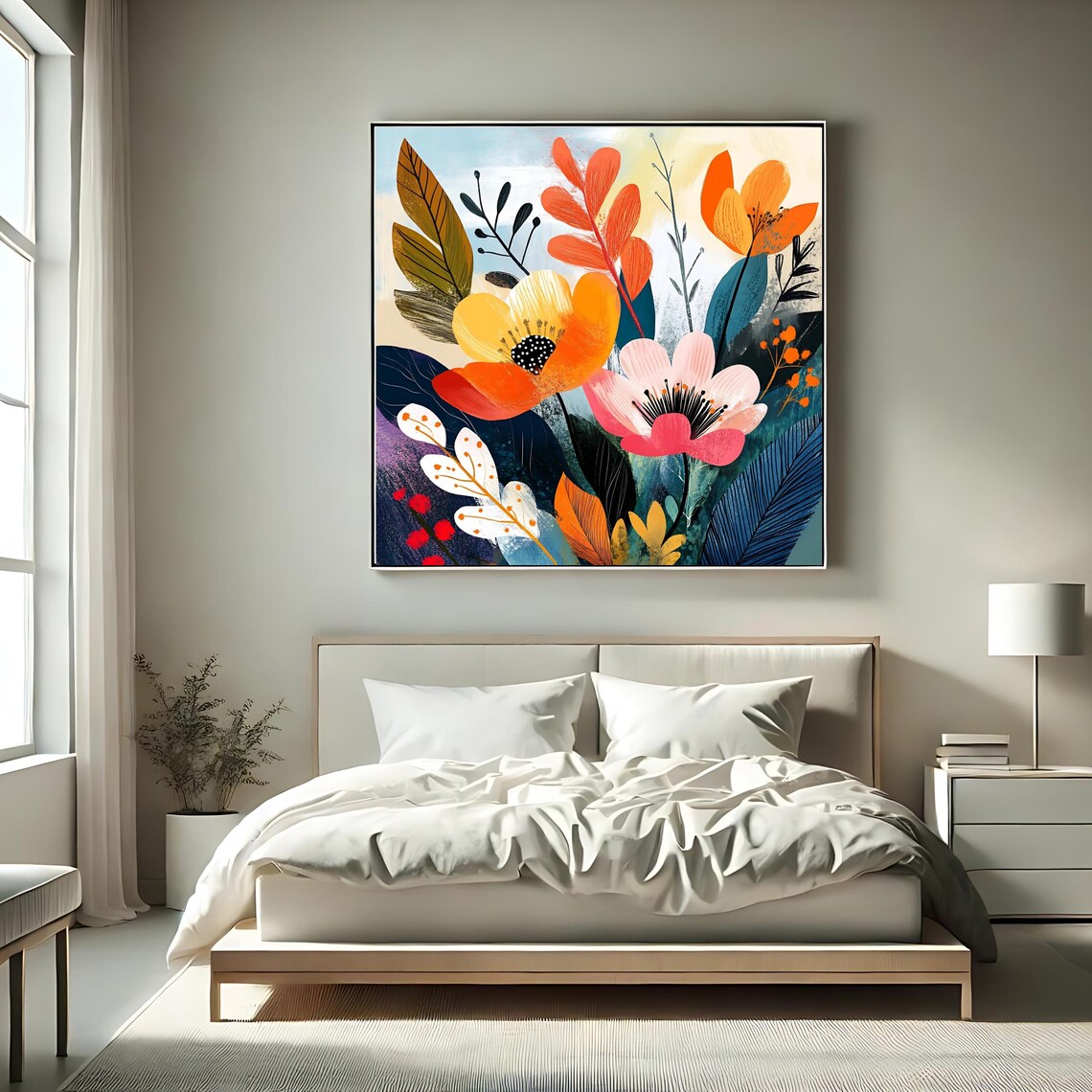 Modern Abstract Colorful Floral Art Orange Pink Blooms Wall Art Print - Image 2