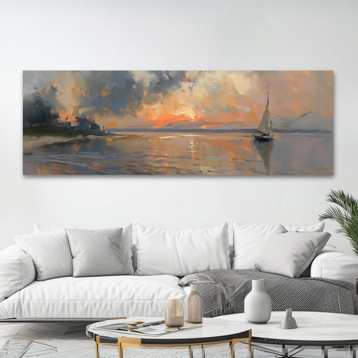 Sailboat Wall Art Long Horizontal Narrow Print Elegant Sunset Landscape Artwork For Above Couch Or Bed - Image 4