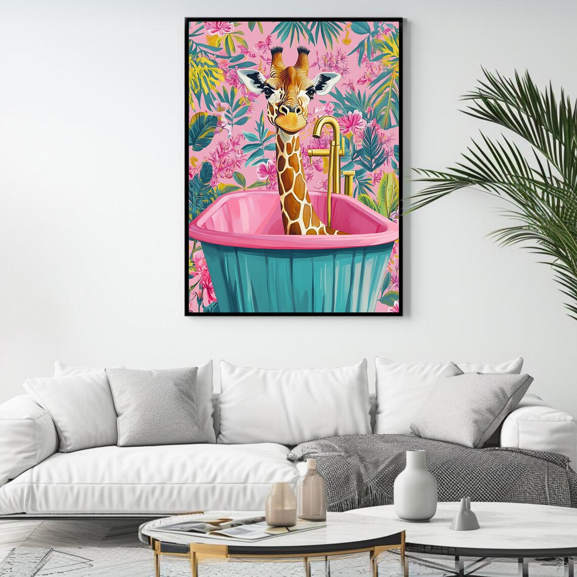 Funny Giraffe in Pink Bathtub Tropical Bathroom Quirky Animal Art Print - Image 4