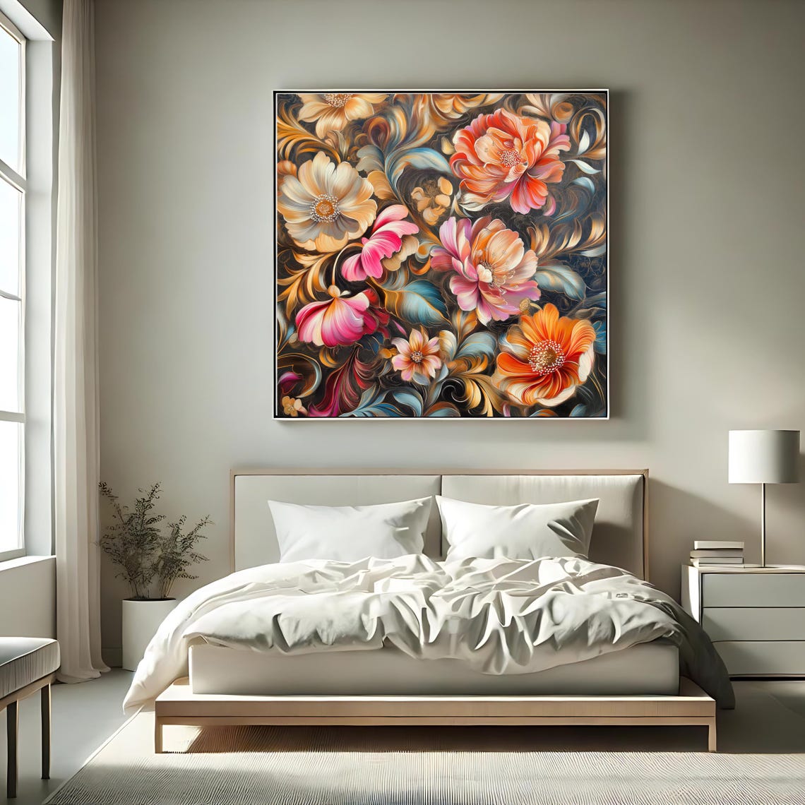 Elegant Ornamental Floral Bouquet Cream Peach Blossom Dark Wall Art - Image 2