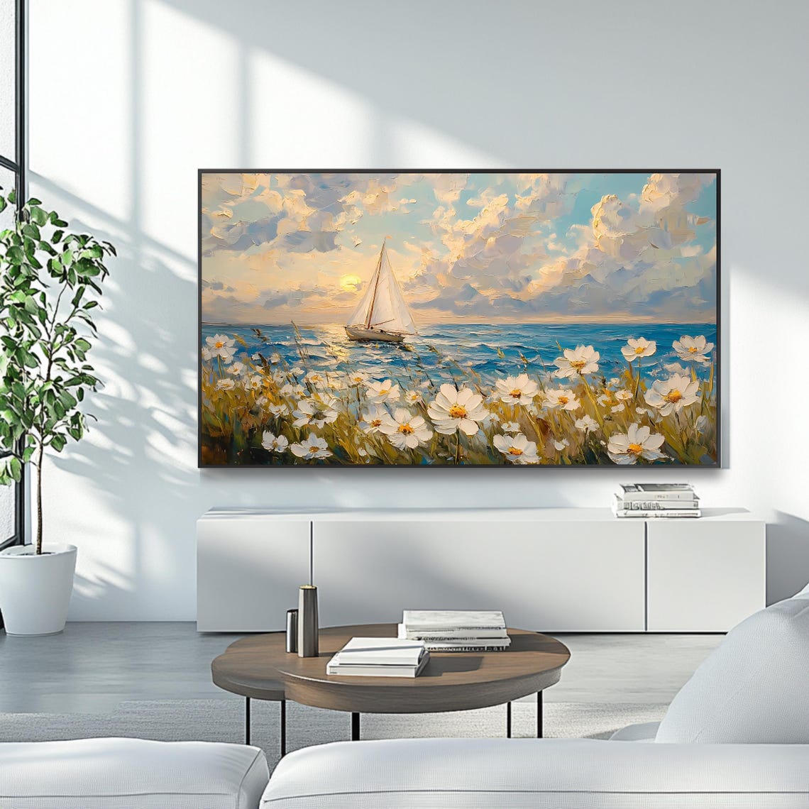 Sailboat At Sunset Ocean Daisies Coastal Seascape Nautical Art Poster - Image 4
