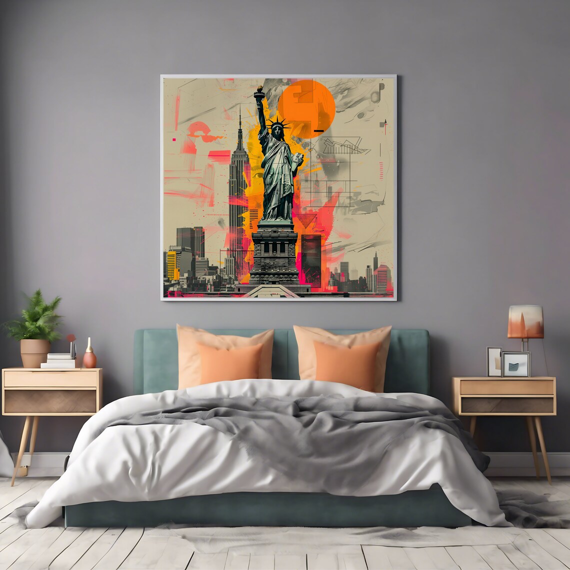 New York City Statue of Liberty Pop Art Skyline Collage Travel Poster - Image 2