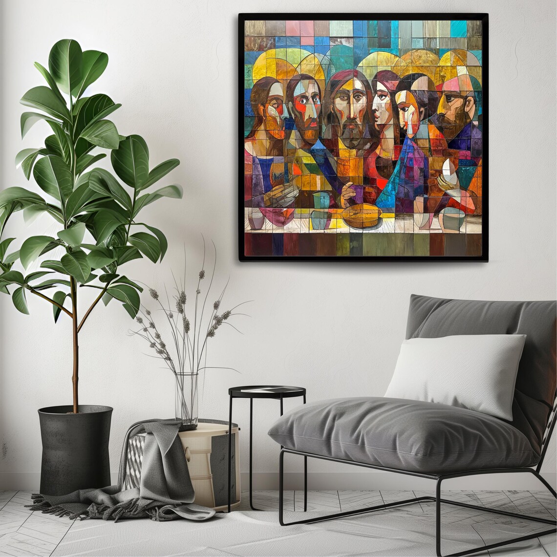 Last Supper Cubist Mosaic Style Colorful Religious Painting Modern Faith Art Poster - Image 3