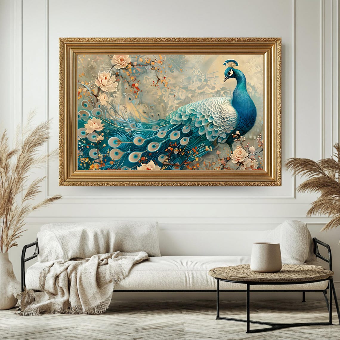 Elegant Blue Peacock Blossoms Graceful Bird Floral Illustration Poster - Image 4