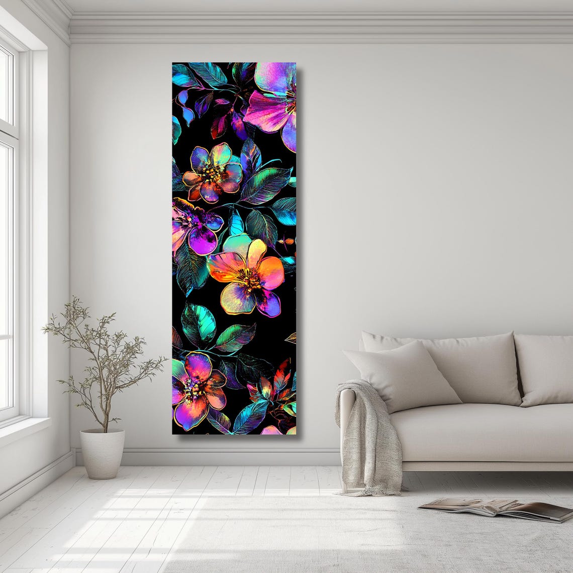 Dark Floral Neon Flowers Black Background Modern Botanical Poster - Image 2