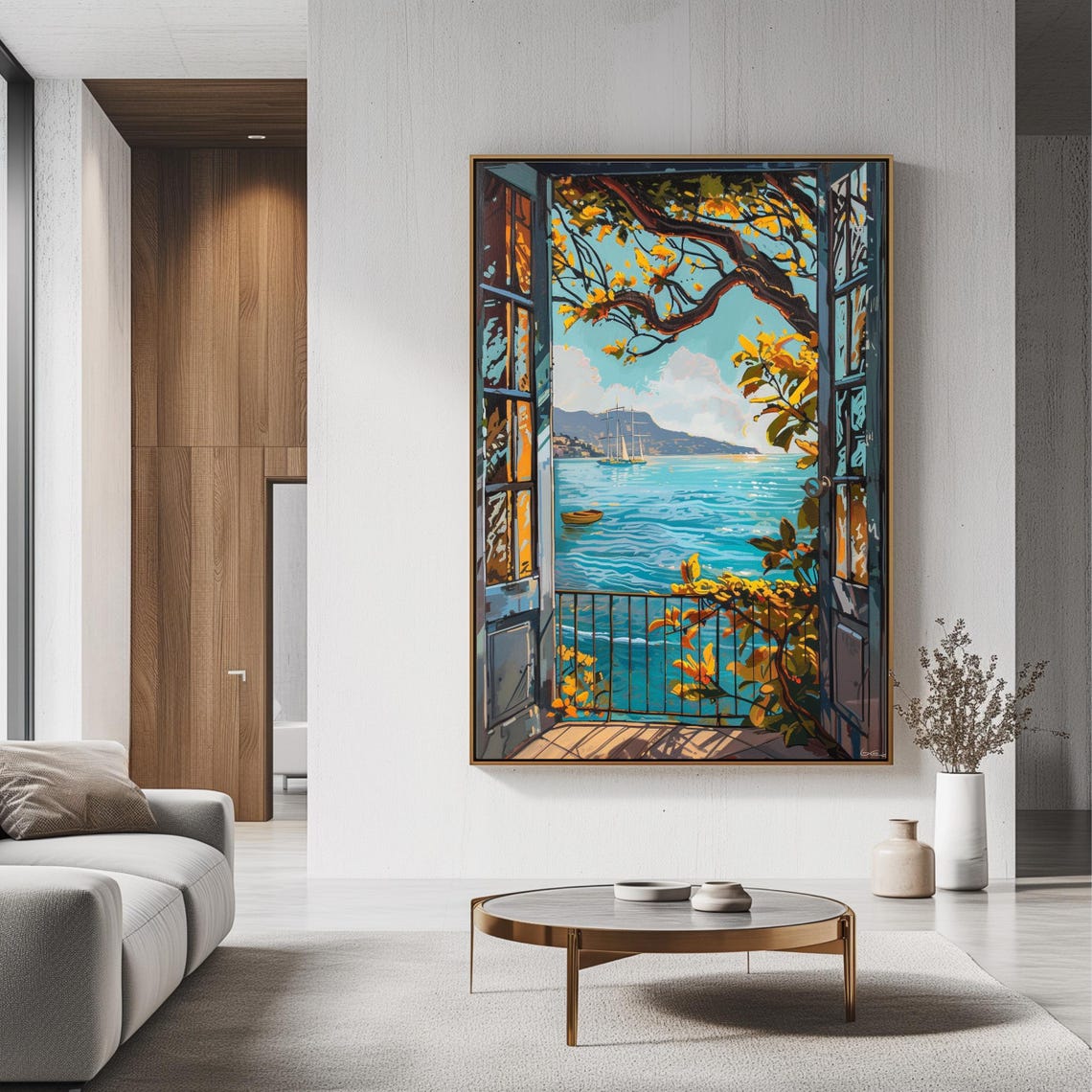 Mediterranean Balcony Window Ocean Sailboat View Coastal Travel Poster - Image 3