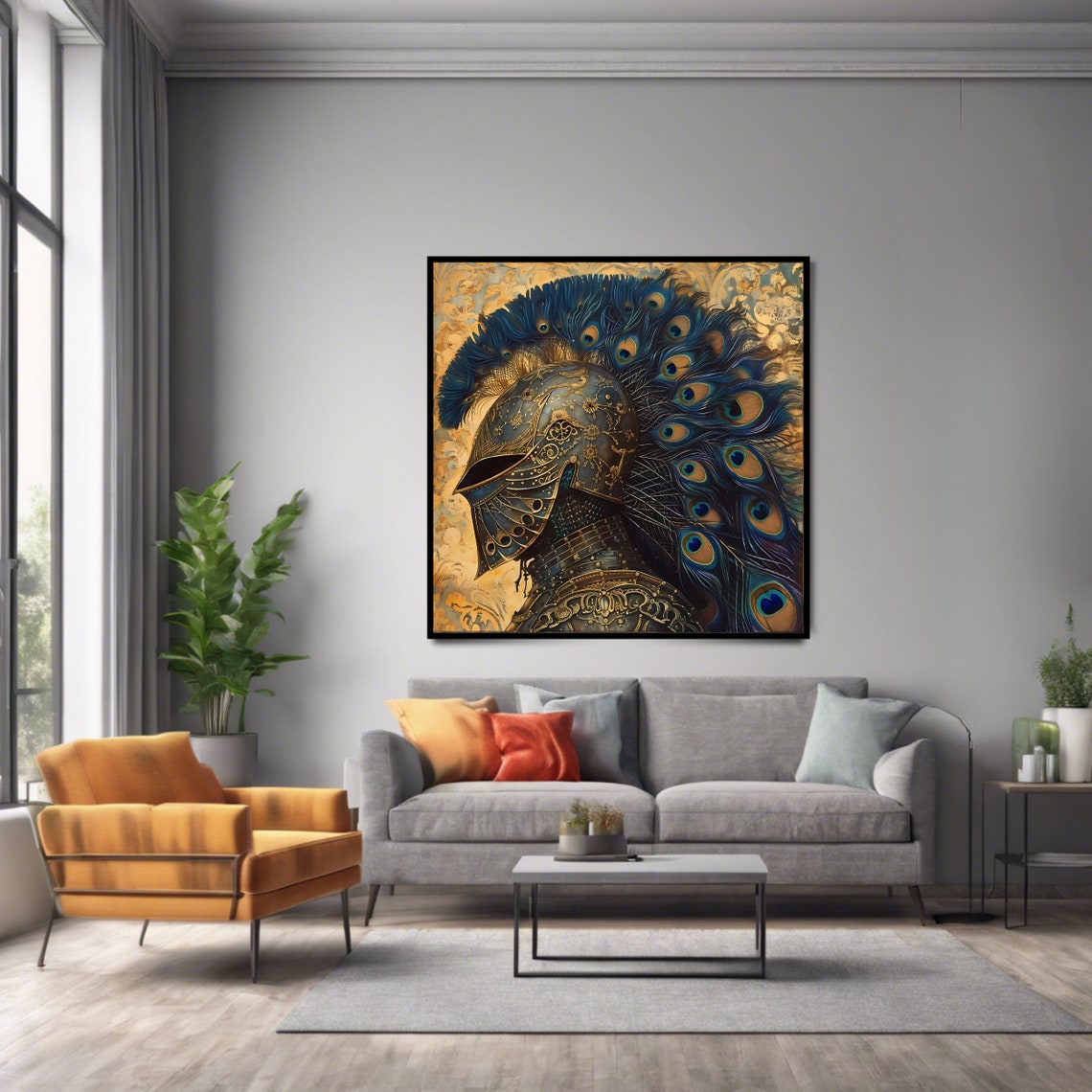 Medieval Knight Helmet Peacock Feather Plume Gold Fantasy Art Print - Image 2