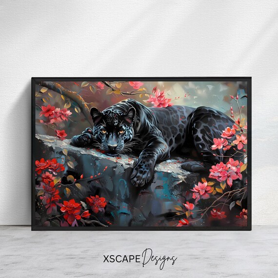 Black Panther Jungle Flowers Resting Rock Feline Wildlife Wall Art Print