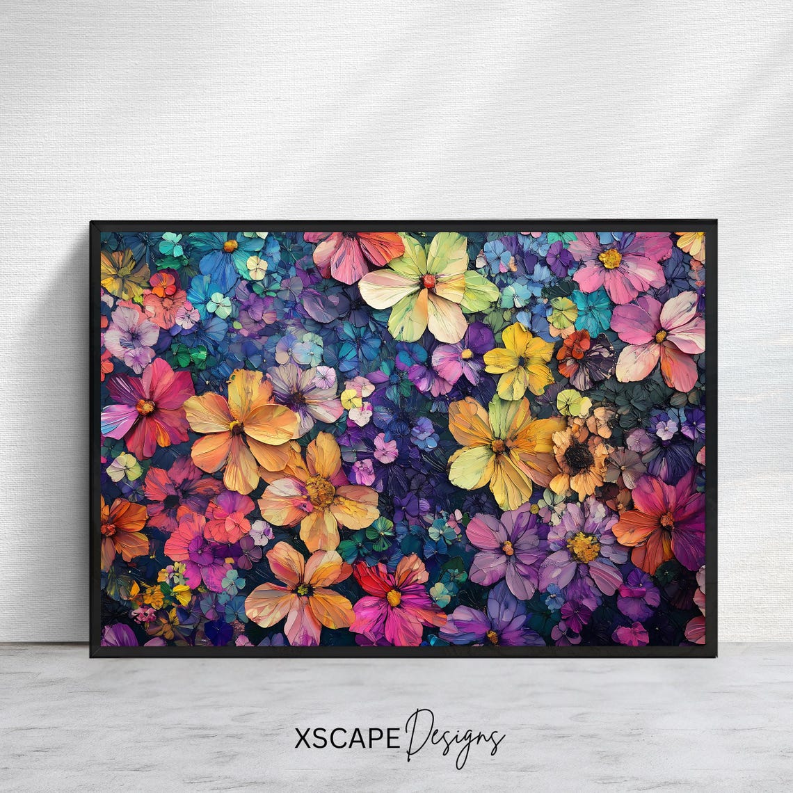 Colorful Cosmos Daisy Flower Field Impasto Painting Vibrant Wall Art