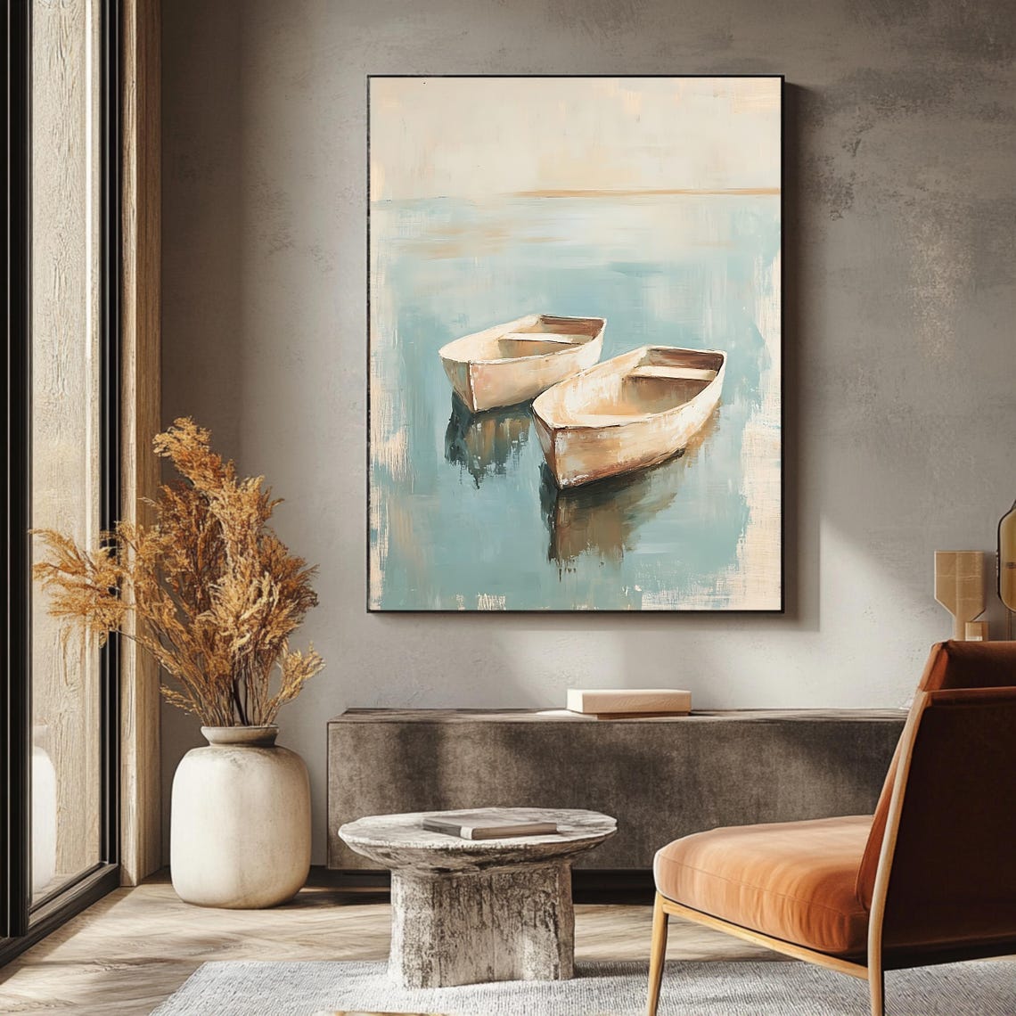 Two White Rowboats Floating on Calm Pale Blue Water Nautical Poster - Image 3