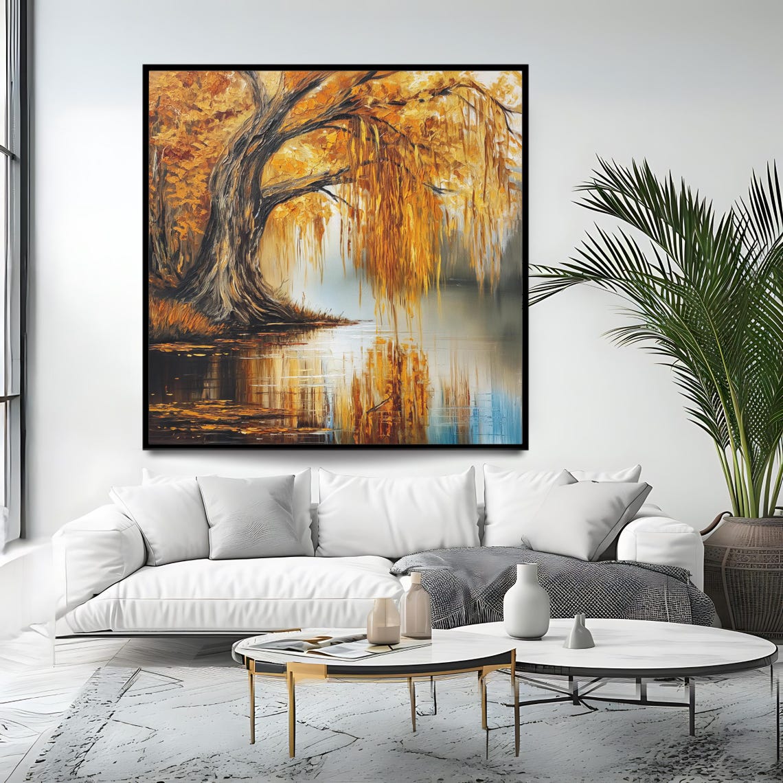 Golden Autumn Willow Tree Reflected in a Still Lake Oil Style Poster - Image 4