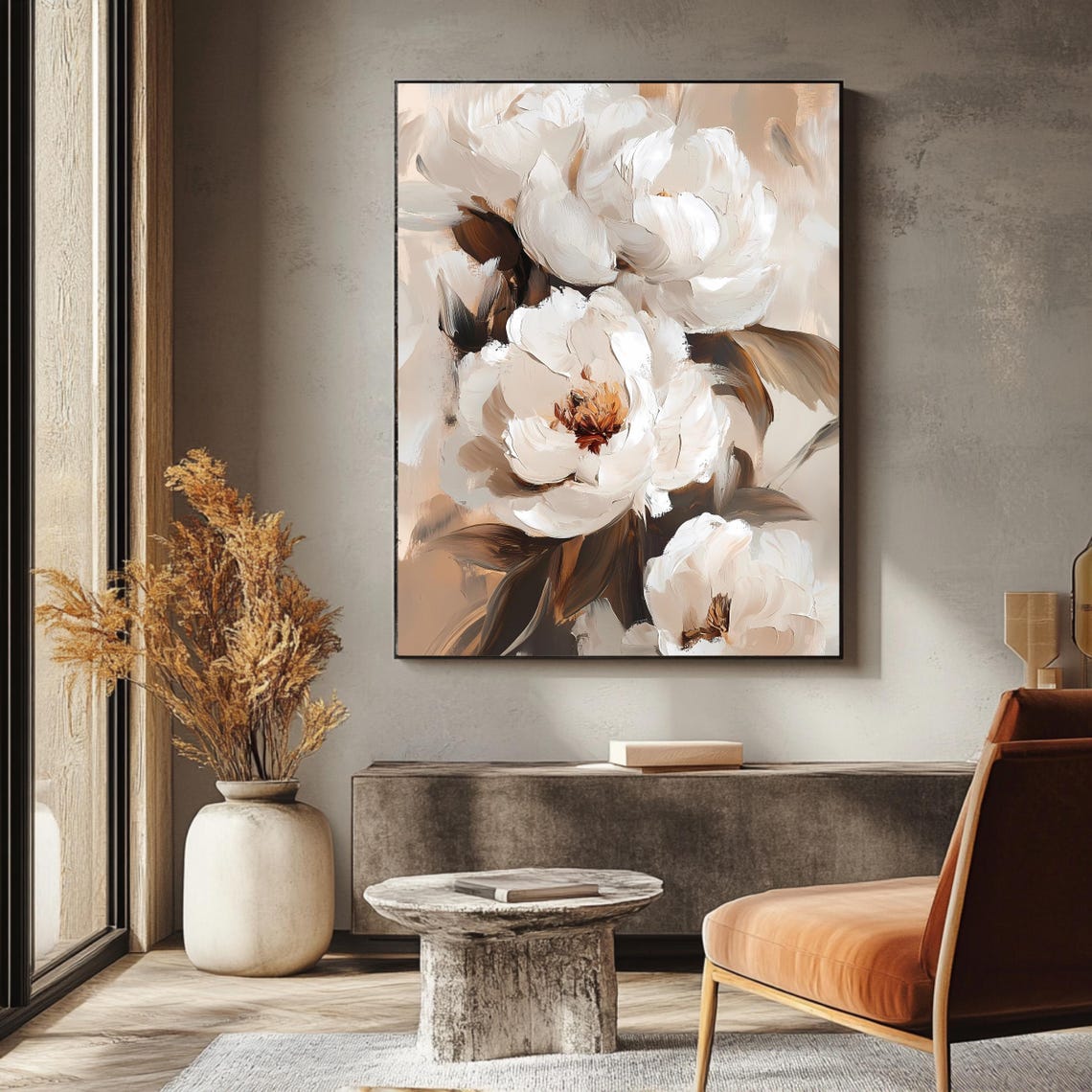 White Peony Abstract Soft Beige Elegant Vertical Floral Wall Art - Image 3