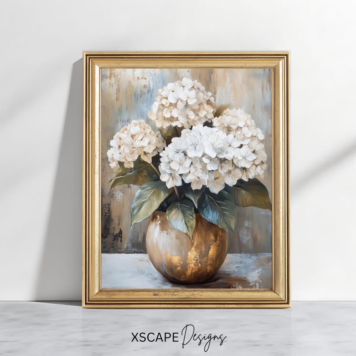 White Hydrangea Bouquet Gold Vase Still Life Elegant Floral Wall Art