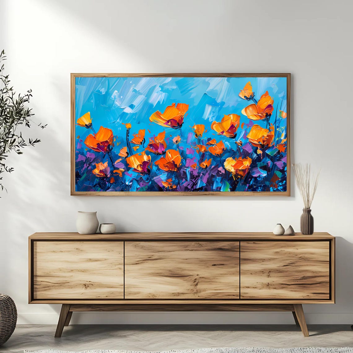 Orange Poppies Against a Bright Blue Sky Bold Impasto Floral Poster - Image 3