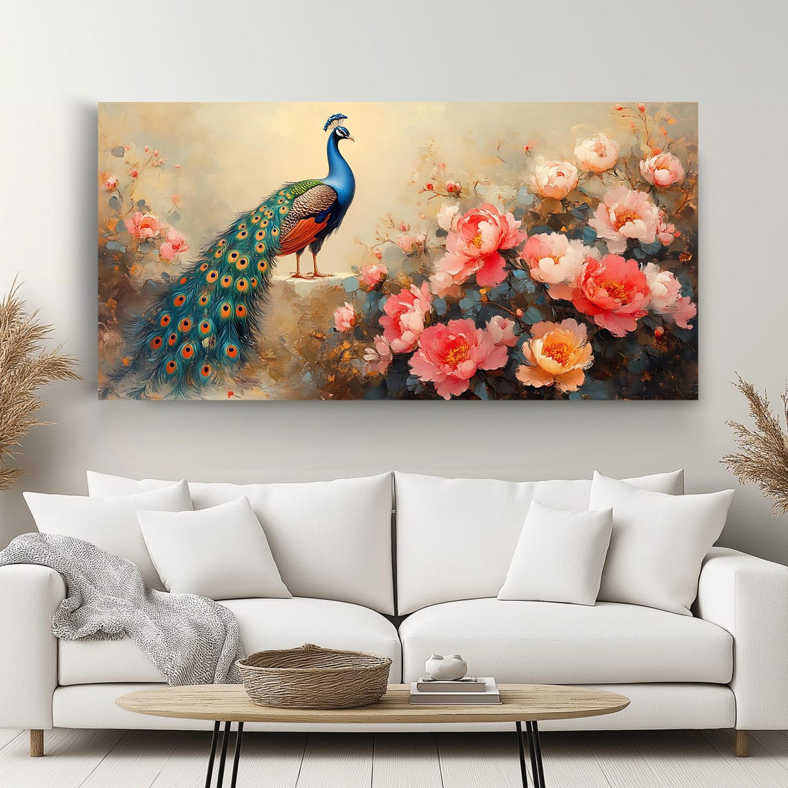 Peacock Among Pink Peonies Elegant Panoramic Oil Style Floral Wall Art - Image 2