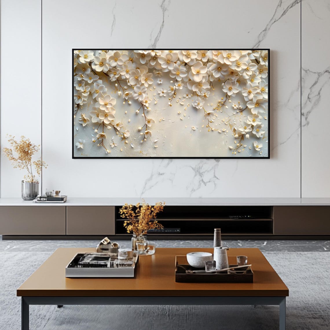 White Blossom Cascade Minimalist Floral Gold Accent Wall Art - Image 2