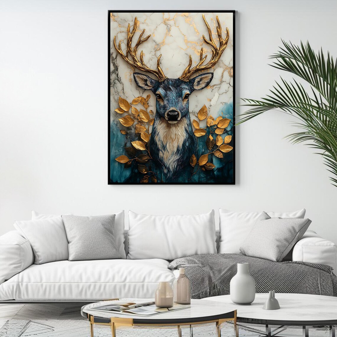 Majestic Deer Golden Antlers Teal Marble Background Blue Gold Wall Poster - Image 4