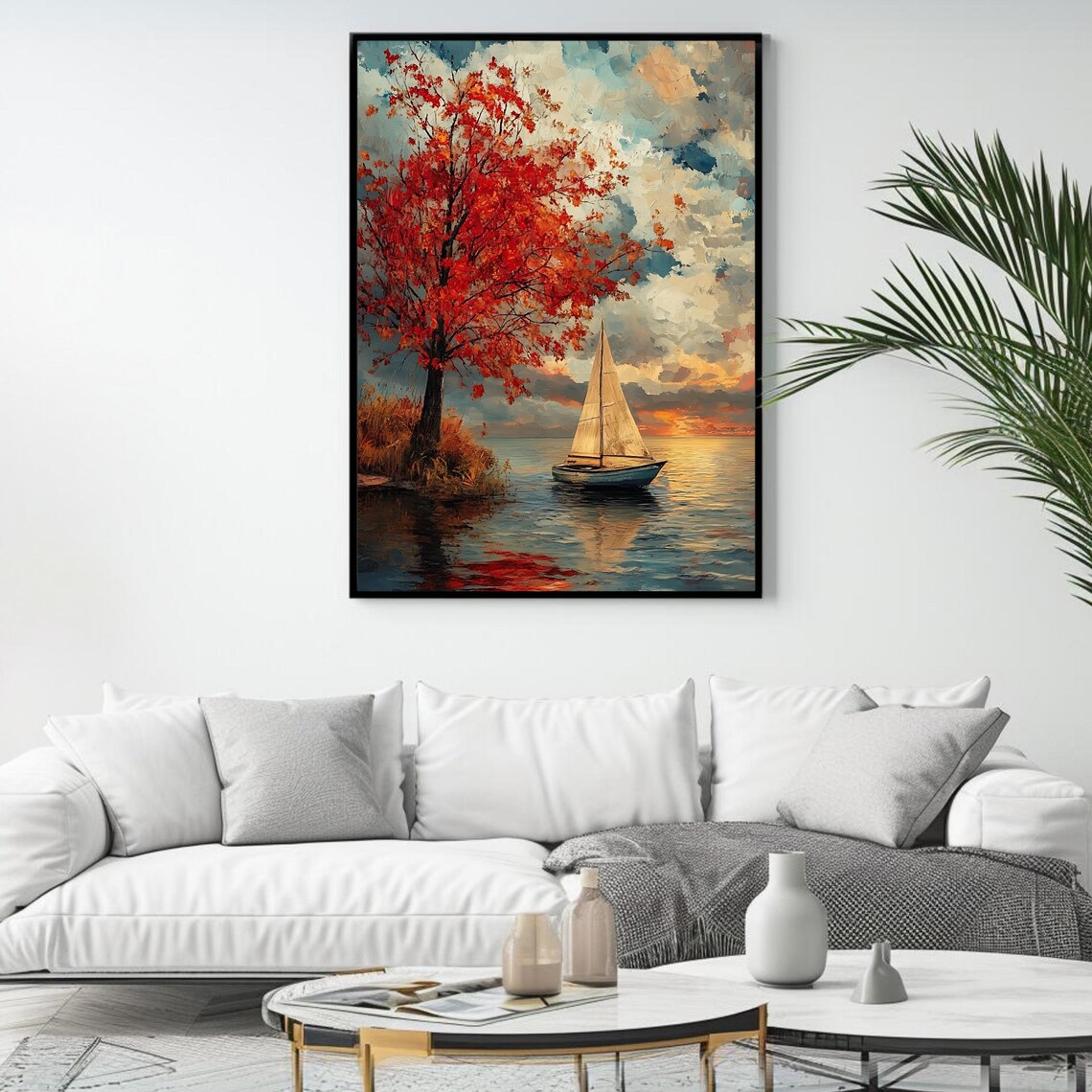 Autumn Lake Art Print, Serene Sailboat Landscape - Image 4