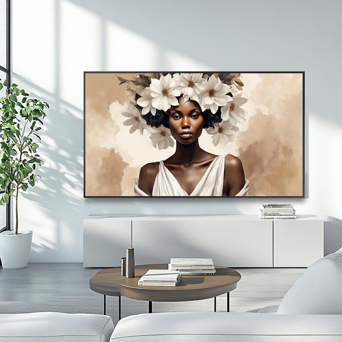 African Beauty White Flower Crown Watercolor Elegant Wall Art - Image 4
