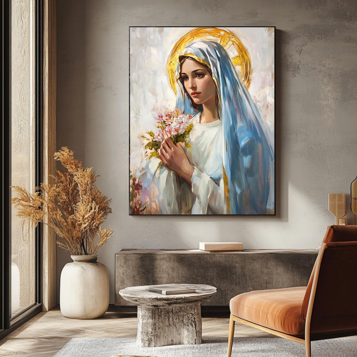 Blessed Virgin Mary With Flowers Blue Veil Golden Halo Devotional Print - Image 3