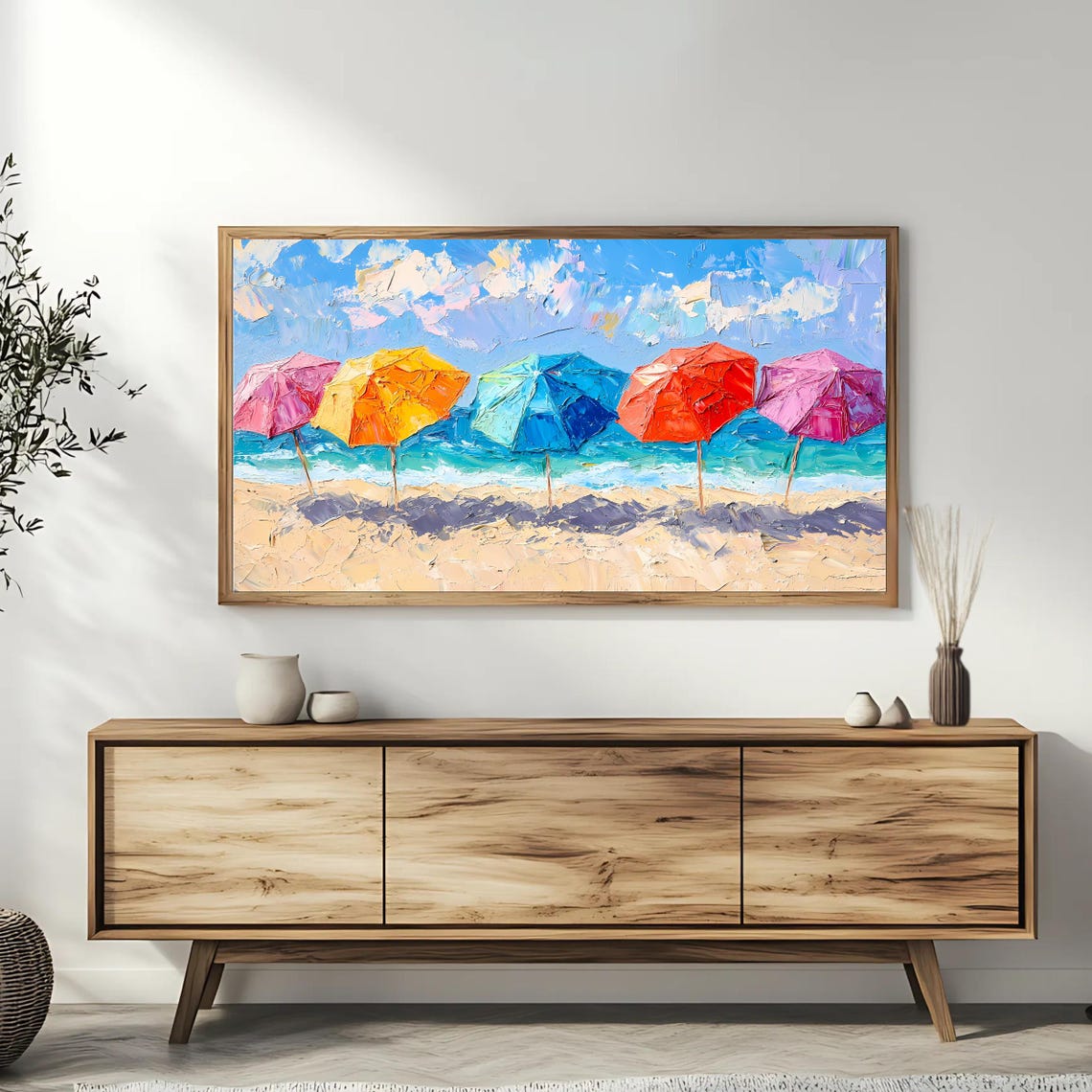 Colorful Beach Umbrellas Sandy Shore Ocean Waves Summer TV Art Poster - Image 3