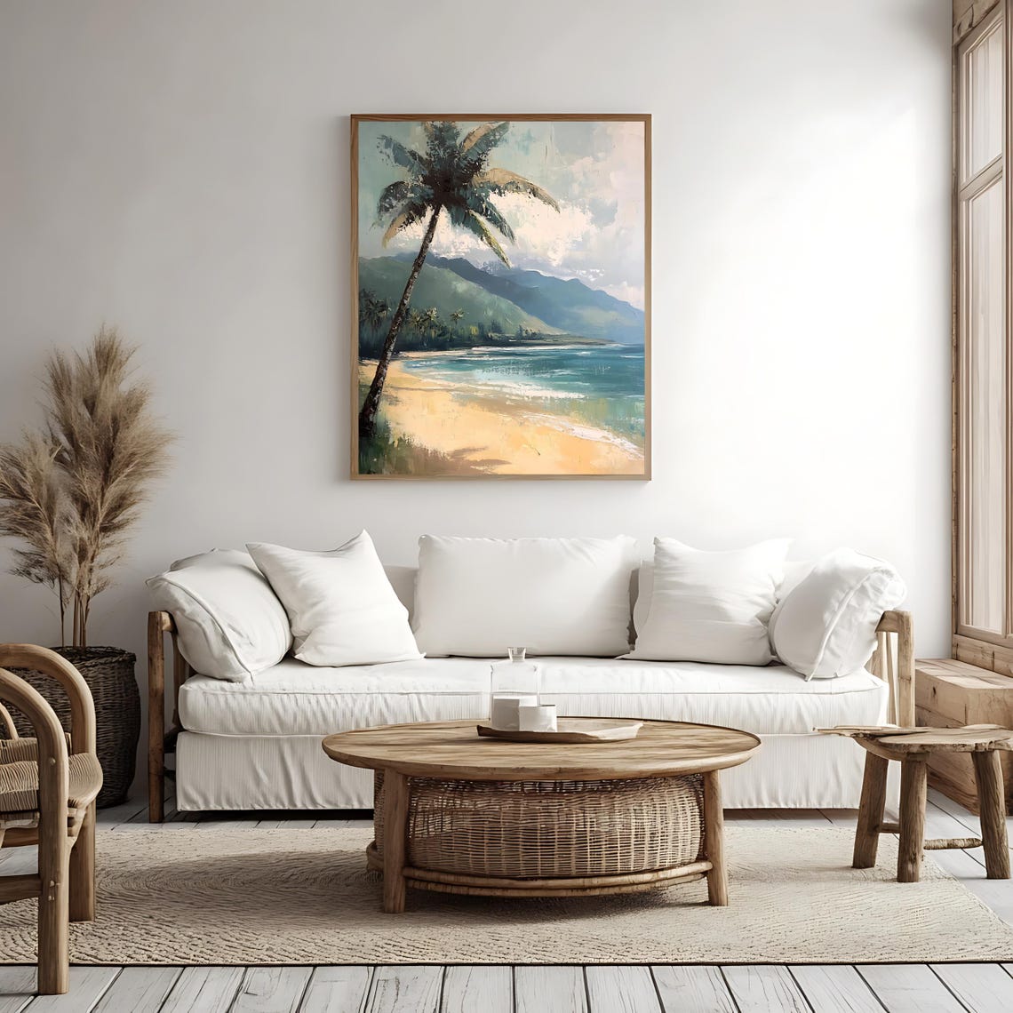Vintage Palm Tree Tropical Beach Mountain Coastline View Poster - Image 4