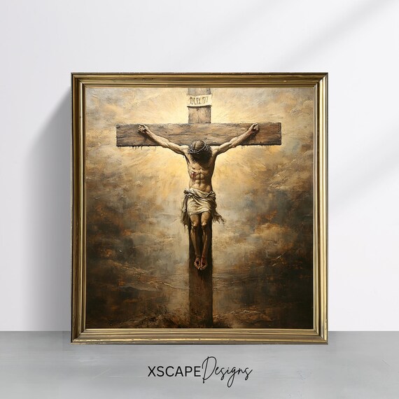 Crucifixion of Jesus on the Cross Dramatic Clouds Antique Religious Art Print
