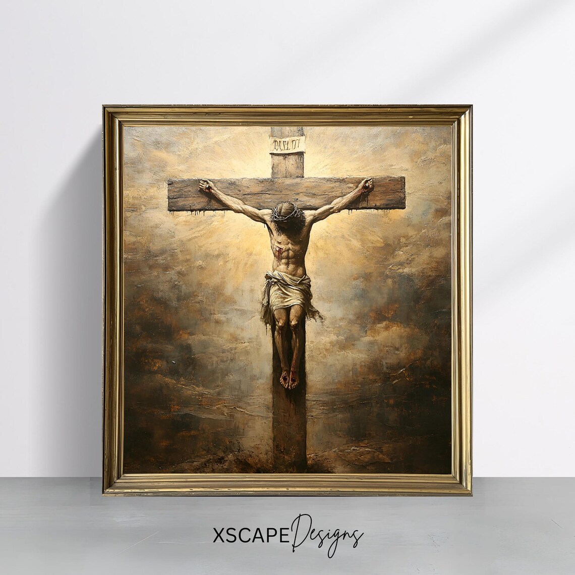 Crucifixion of Jesus on the Cross Dramatic Clouds Antique Religious Art Print